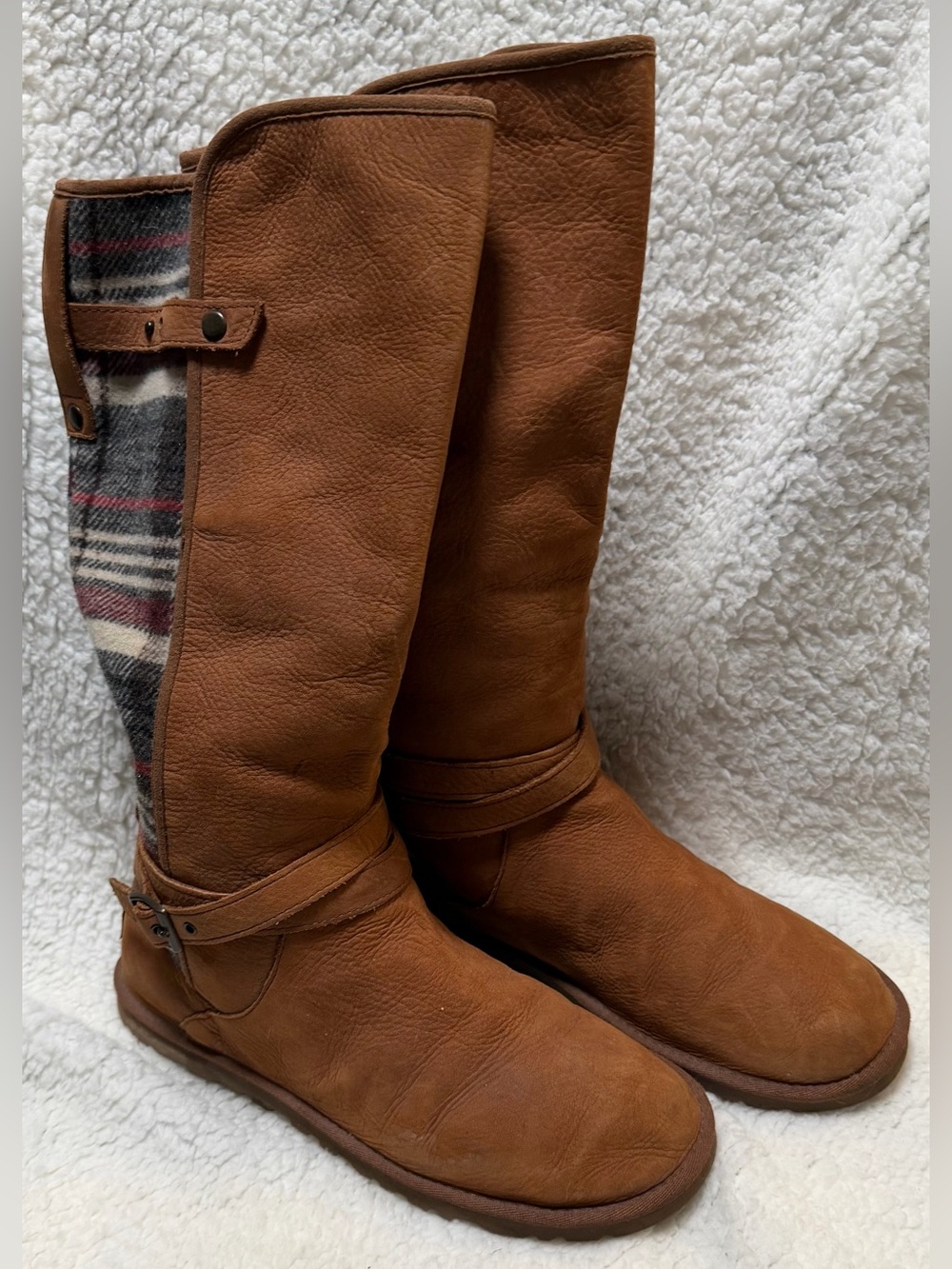UGG Women’s Marielle Chocolate Leather w/Plaid Textile Tall Boots Sz US 9 UK 7.5